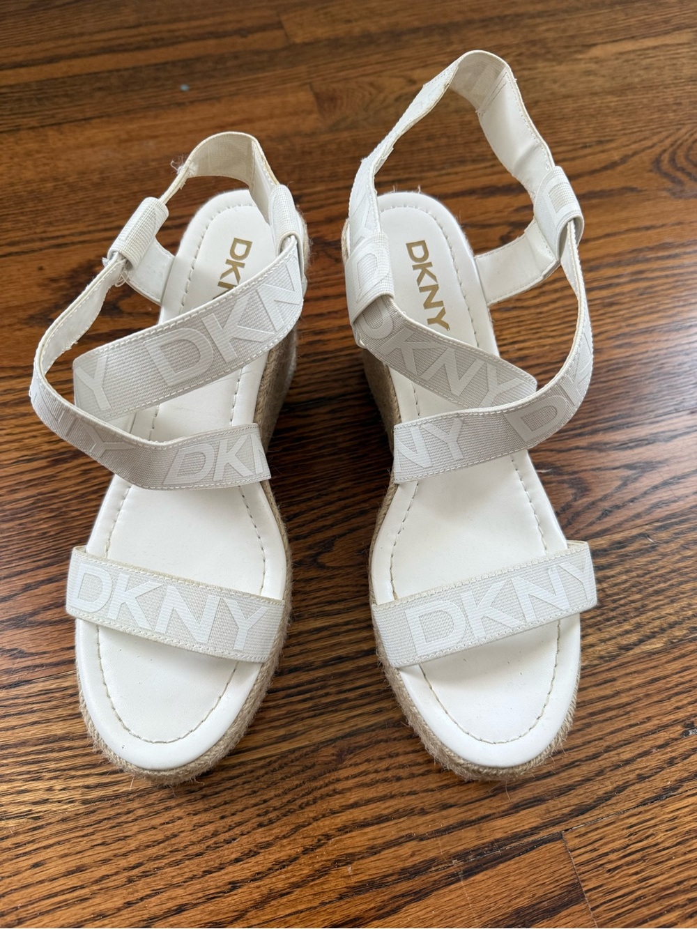 DKNY Cream White Logo Strap Wedge Sandals